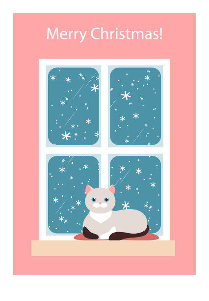 窗户上有一只猫的圣诞卡，矢量插图图片下载