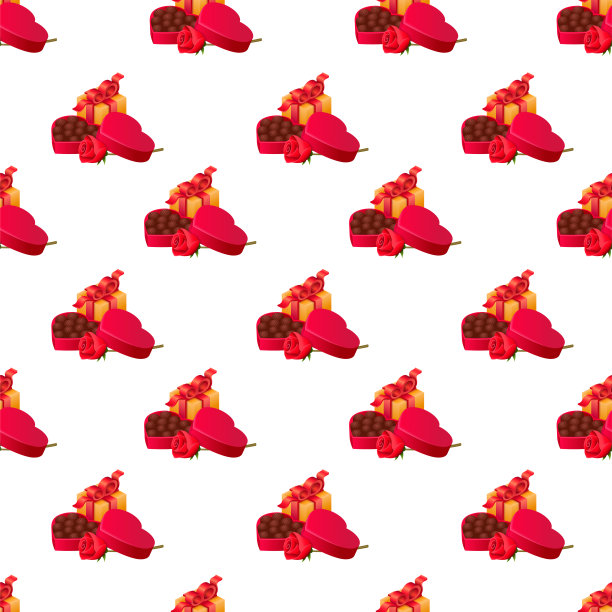无缝图案的心形巧克力盒，礼物巫婆丝带和蝴蝶结和红玫瑰在情人节或生日图片下载