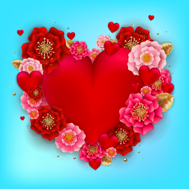 情人节快乐的旗帜与美丽的彩色花朵和心在蓝色的背景。可用于模板，横幅，墙纸，传单，邀请，海报，宣传册，优惠券折扣。向量图片下载