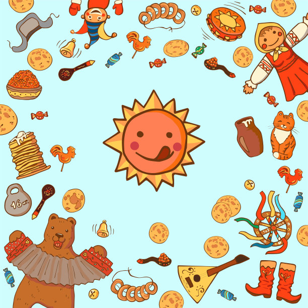 Shrovetide或Maslenitsa模板的设计邀请，横幅，海报或促销。煎饼周元素:煎饼、小熊、三弦琴;鼓;太阳;冬天的稻草人，黄油，三弦琴，糖果。图片下载