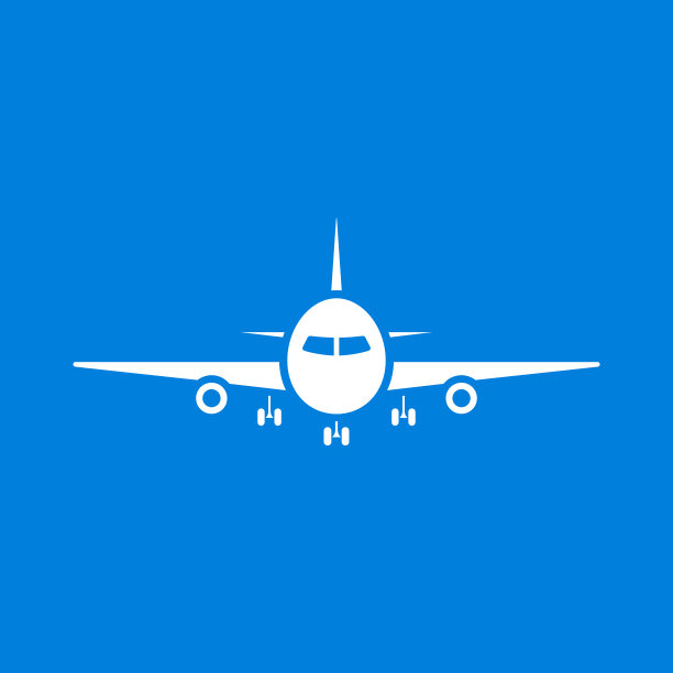 飞机图标白色剪影孤立在蓝色背景，矢量平面符号图片下载