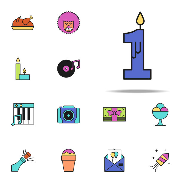 蜡烛1年彩色图标。生日图标通用设置为网络和移动图片下载