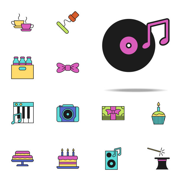 留声机记录彩色图标。生日图标通用设置为网络和移动图片下载