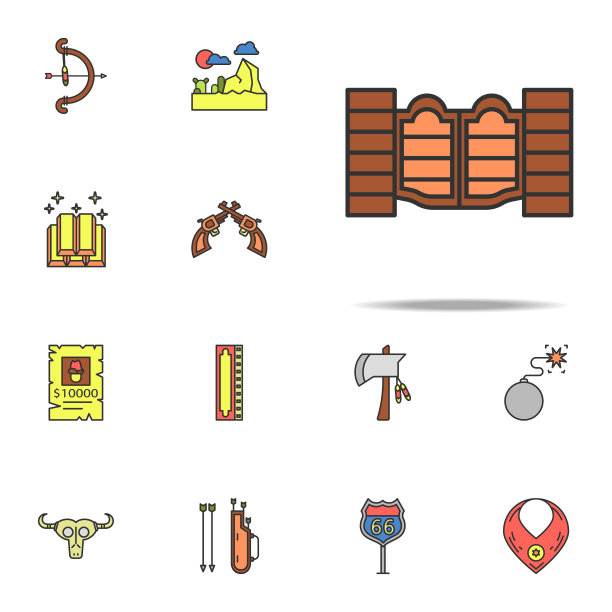 门栏上的彩色图标。狂野西部图标普遍设置为网络和移动图片下载