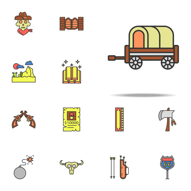 马车彩色图标。狂野西部图标普遍设置为网络和移动图片下载