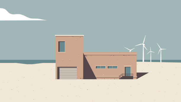 风景建筑，沙滩上的棕色建筑，背景是风车，复古风格图片下载