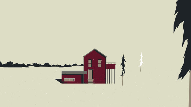 景观建筑，红色建筑，灌木和松树，复古风格图片下载