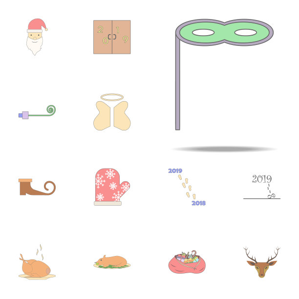 圣诞面具彩色图标。圣诞假日图标普遍设置为网络和移动图片下载