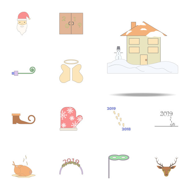 房子在平安夜的彩色图标。圣诞假日图标普遍设置为网络和移动图片下载