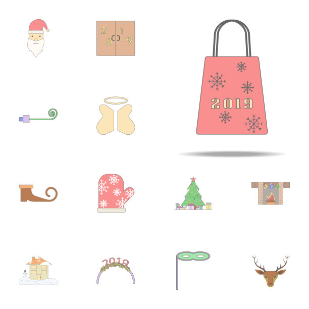 圣诞袋彩色图标。圣诞假日图标普遍设置为网络和移动图片下载