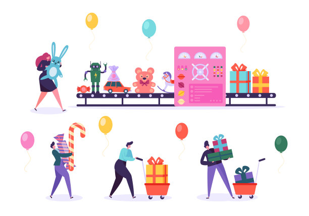 玩具工厂输送包装圣诞礼物。目前盒机行业自动化生产线生产。人字符装配糖果熊生日节日问候平面卡通矢量插图图片下载