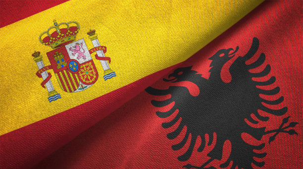 阿尔巴尼亚和西班牙两国国旗在一起关系纺织品布织物质地图片下载