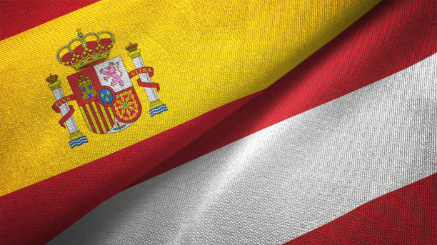 奥地利和西班牙两国国旗一起关系纺织品布织物质地图片下载