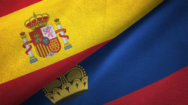 列支敦士登和西班牙两国国旗关系紧密，织物织物质地图片下载