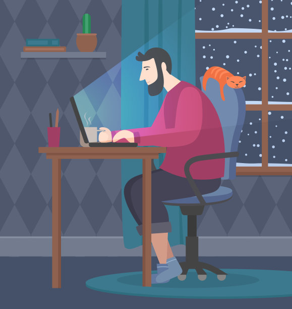 一个用笔记本电脑工作的人。家庭居室的内部。矢量插图。图片下载