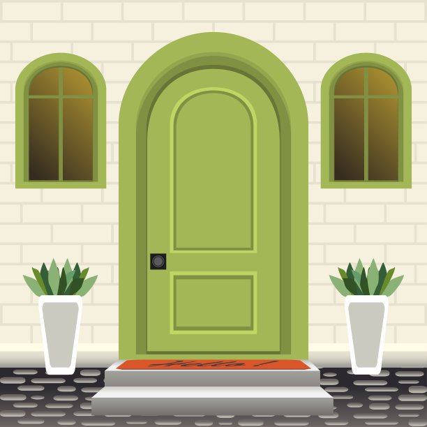 房屋门面有门阶、台阶、灯、盆花，建筑入口立面，外部入口用砖墙设计插画矢量，平直风格图片下载