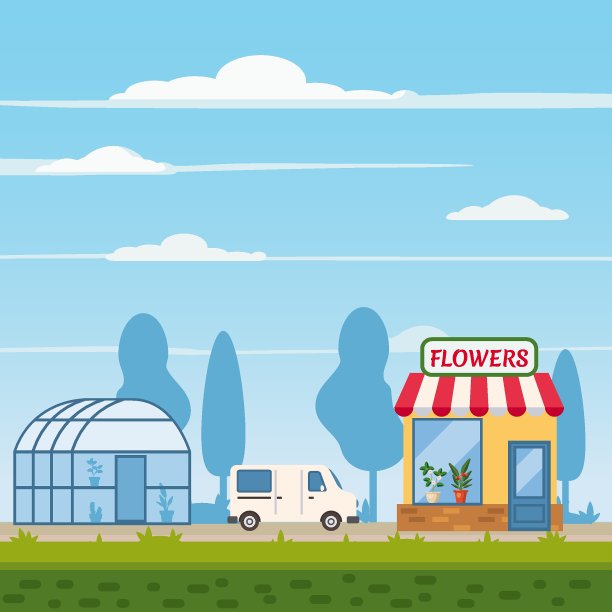 花店、专卖店、温室、货车、景观背景、趋势平面卡通风格、矢量插图、孤立图片下载