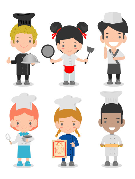 角色设置的儿童厨师，可爱的孩子厨师在白色的背景，儿童烹饪，儿童厨师可爱，矢量插图图片下载