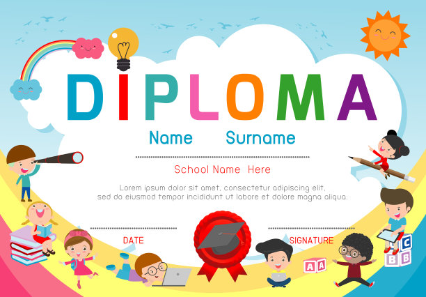 幼儿园及小学证书，学前儿童文凭证书背景设计模板，幼儿园学生文凭模板，儿童文凭证书，矢量插图图片下载