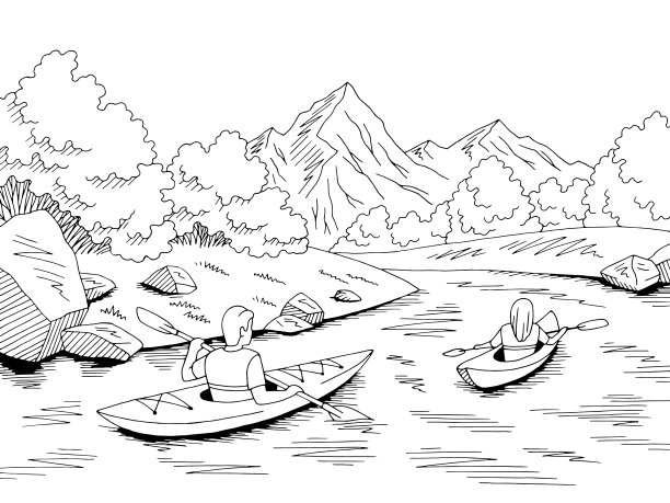 皮划艇旅行图形黑白河流景观素描插图矢量图片下载