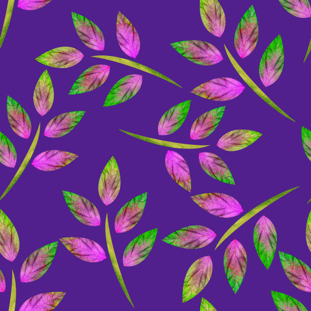 从紫色背景的彩色树叶照片无缝模式。图片下载