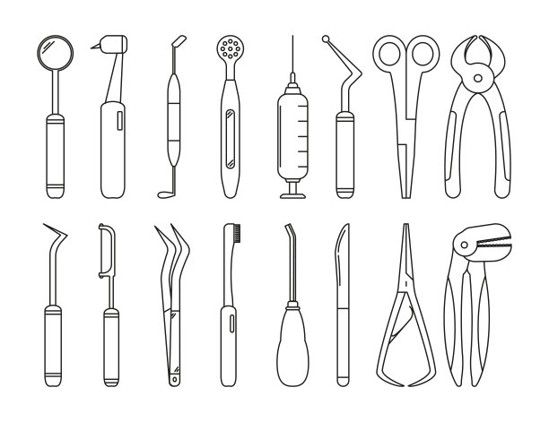 一套牙科工具在白色背景的图标风格图片下载