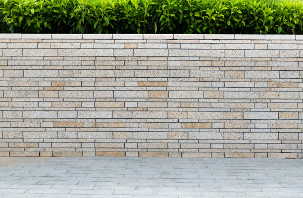 石头砖墙和绿色灌木背景图片下载