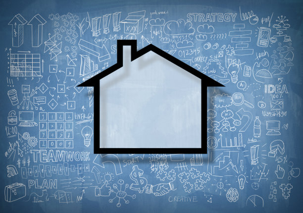 HOME CONCEPT with charts and diagrams on blue blackboard(点击查看更多)图片下载