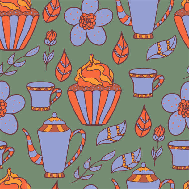 茶无缝涂鸦背景。下午茶时间说明。美丽的图案与手绘茶杯，茶壶，甜点，花，叶。图片下载