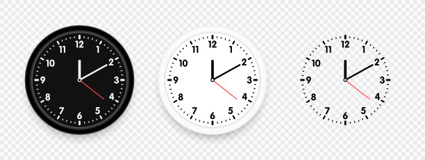 时钟图标集。现代向量黑色，白色和剪影时钟在透明的背景。矢量插图。图片下载