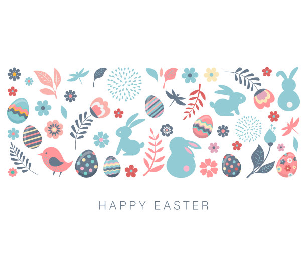复活节快乐，带有鲜花，鸡蛋和小兔子的矢量横幅图片下载