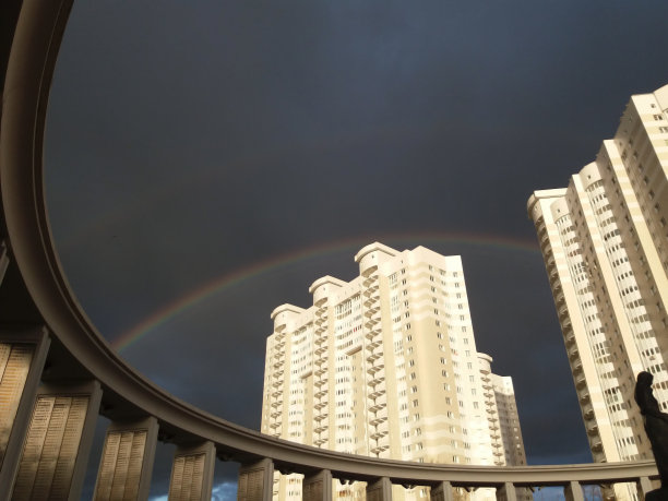 城市环境中的双彩虹。图片下载