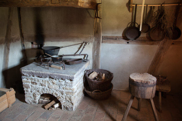 老式乡村厨房，有壁炉锅和平底锅图片下载