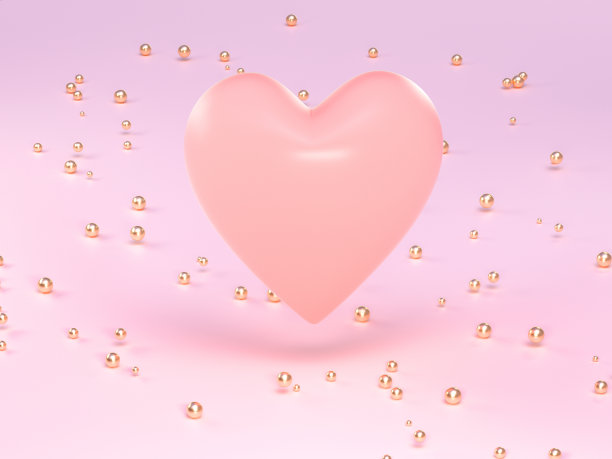粉色心形形状的黄金许多球体地面3d渲染图片下载