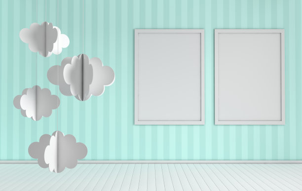 保育室内设模拟相框及纸云装饰。3 d渲染。舒适的儿童与空白海报模型的文字或照片图片下载