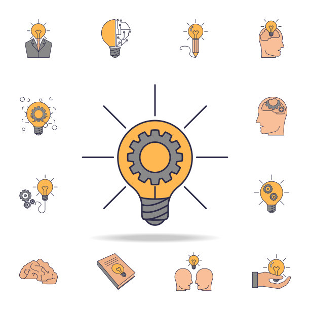 灯泡和齿轮领域的颜色图标。详细的一套颜色的想法图标。高级图形设计。其中一个收集图标的网站，网页设计图片下载