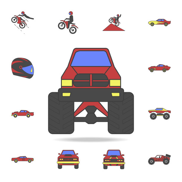 大脚怪车前场彩色图标。详细的一套颜色大脚车图标。高级图形设计。收藏图标之一的网站，网页设计，移动应用程序图片下载