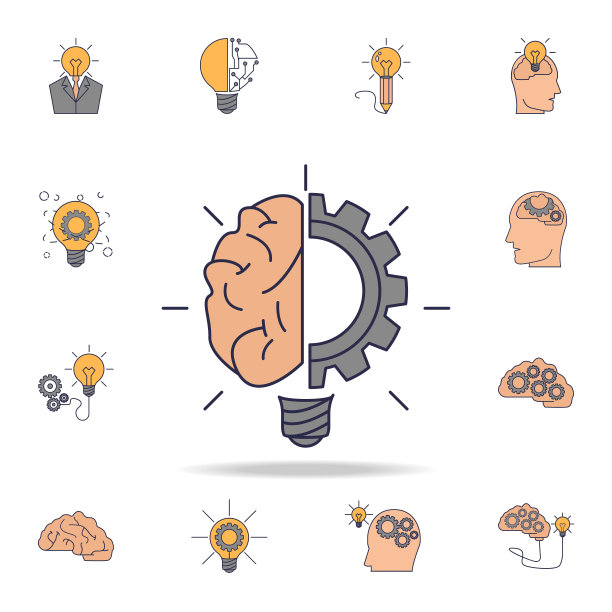 灯脑和齿轮领域颜色图标。详细的一套颜色的想法图标。高级图形设计。其中一个收集图标的网站，网页设计图片下载