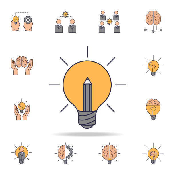 灯泡和铅笔字段的颜色图标。详细的一套颜色的想法图标。高级图形设计。其中一个收集图标的网站，网页设计图片下载