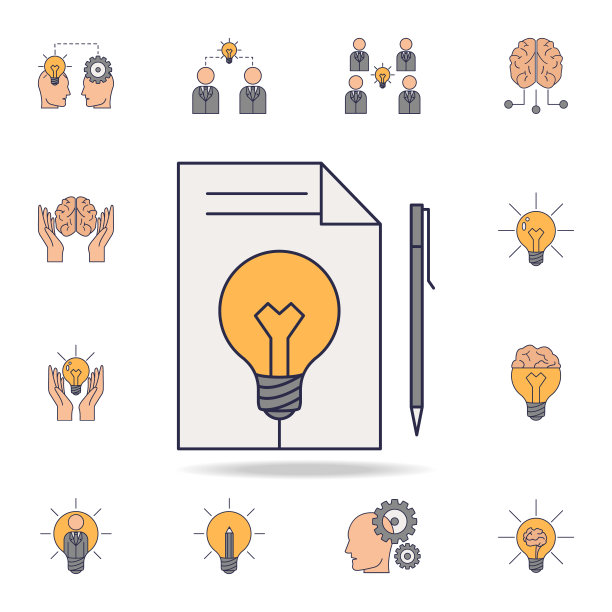 记录在一张纸上和一个灯泡域的彩色图标。详细的一套颜色的想法图标。高级图形设计。其中一个收集图标的网站，网页设计图片下载