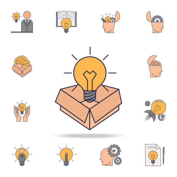 灯泡框中的颜色图标。详细的一套颜色的想法图标。高级图形设计。其中一个收集图标的网站，网页设计图片下载