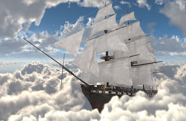 航行在云端的帆船3d插图图片下载