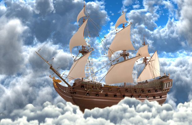 航行在云端的帆船3d插图图片下载