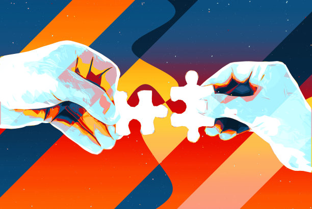 手与两个拼图块抽象的背景，现代插画团队，伙伴关系，联系和合作的商业设计由Ilarion Ananiev图片下载