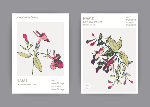 植物婚礼请柬模板设计，手绘樱红色花朵和叶子，粉彩复古乡村主题，方形框白色背景，极简复古风格图片下载