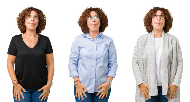 中年妇女的拼贴在白色孤立的背景，使鱼的脸与嘴唇，疯狂和滑稽的姿态。有趣的表情。图片下载