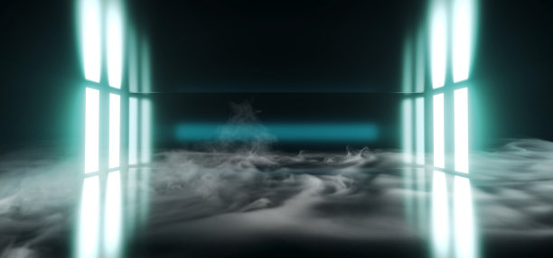 外星人科幻现代未来主义黑暗空反射金属房间与霓虹灯激光Led发光白色、绿色、蓝色垂直线和烟雾气氛3D渲染图片下载