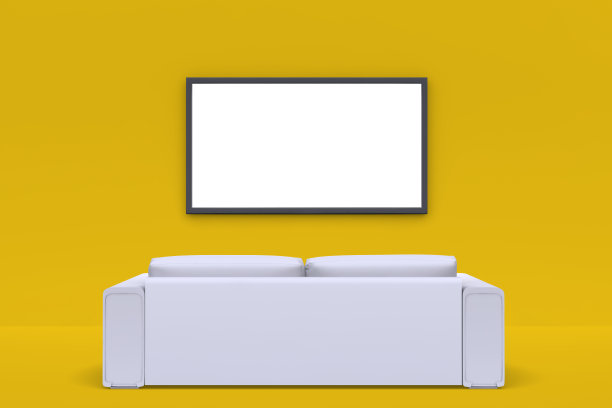 房间角落的墙上有沙发和电视。前视图。3 d渲染。图片下载