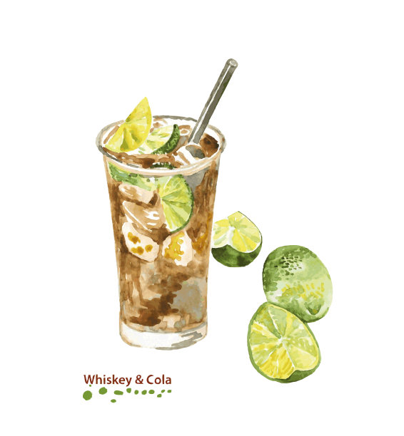 水彩威士忌和可乐鸡尾酒杯图片下载