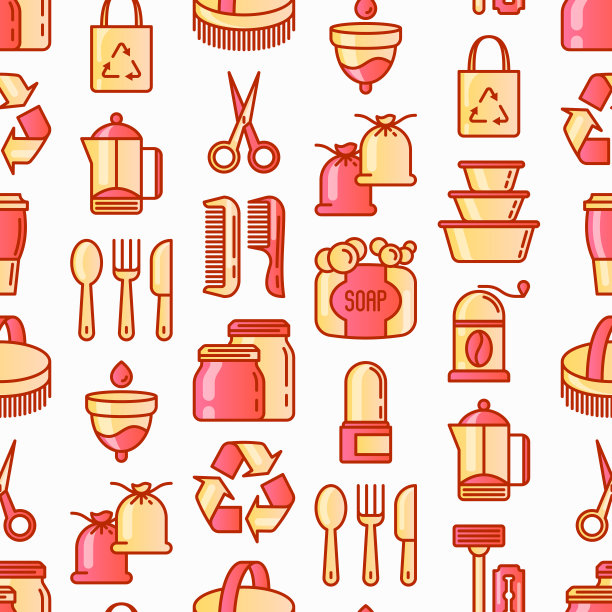 零浪费无缝图案细线图标:月经杯，安全剃须刀，玻璃罐，天然除臭剂，手磨咖啡机，法式压壶，金属剪刀，身体刷。现代矢量插图。图片下载
